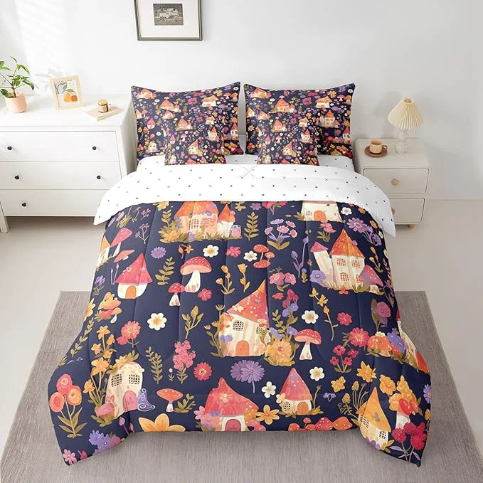 High-Grade Castle Fairy Groovy Flowers 7 Pieces Bedding Set King Bed in a Bag Watercolor Dreamy Flowers House Comforter Set for Bedroom Decor Cartoon Jungle Mushroom Plants Soft Warm Microfiber Bedding High-Quality