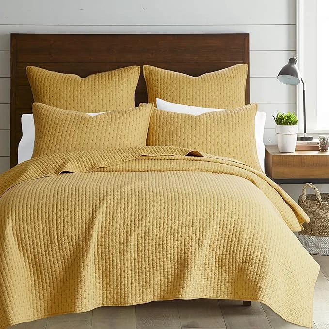 Top-Quality Levtex Home Cross Stitch Reversible Full Queen Quilt Set 88x92in with 2 Pillow Shams 26x20in - Stitch Texture - Ochre - Cotton Full Queen Size Quilt Bedding Set - Lightweight Soft Pre-Washed Smart