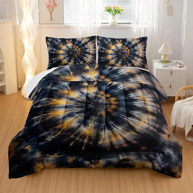 Expertly Made Dark Tie Dye Comforter Sets King Size Yellow Fission Graffiti Bedding Set for Your Room Abstract Soft Lightweight Quilted Set All Season 1 Comforter and 2 Pillowcases Smooth