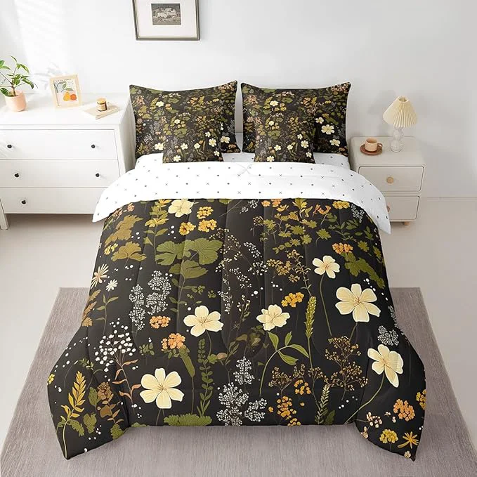 Genuine Wild Flowers Leaves Twin Comforter Set with Sheets Bed in a Bag 7 Pcs Spring Botanical PlantsBed Set Retro Country Decor Bedding Sets with Comforter Flat Fitted Sheet Pillowcases Pillow Covers Carefully Designed