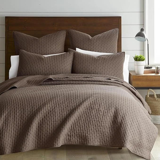 Powerful Levtex Home Cross Stitch Reversible Full Queen Quilt Set 88x92in with 2 Pillow Shams 26x20in - Stitch Texture - Cocoa - Cotton Full Queen Size Quilt Bedding Set - Lightweight Soft Pre-Washed Fine