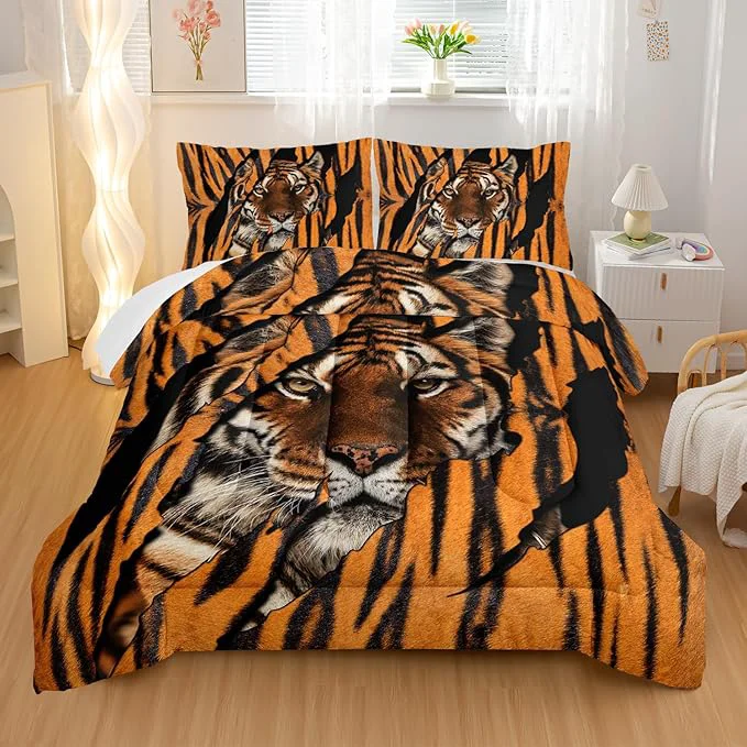 Original Design Mighty Tiger Comforter Sets King Size Animal Bedding Set for Your Room Tiger Fur Soft Lightweight Quilted Set All Season 1 Comforter and 2 Pillowcases Pure