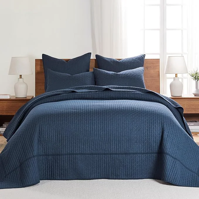 Fashionable Levtex Home Cross Stitch Reversible Queen Bedspread Set 104x106in with 2 Pillow Shams 26x20in - Stitch Texture - Navy - Cotton Queen Size Bedspread Set - Lightweight Soft Pre-Washed Trendy