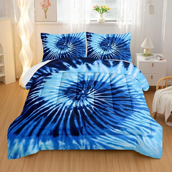 Convenient Blue Tie-dye Comforter Sets Twin Size Abstract Modern Art Bedding Set for Your Room Graffiti Soft Lightweight Quilted Set All Season 1 Comforter and 2 Pillowcases