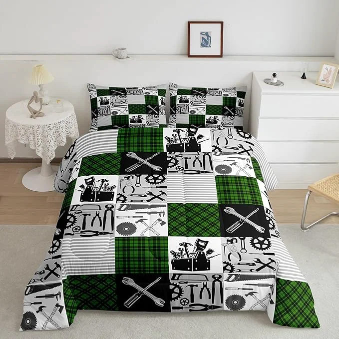 Pure Kids Boys Car Comforter Set Farmhouse Gingham Check Bedding Set Wrench Repair Outfit Bedding Home Decor Green Black Comforter Twin Size 2 Pieces Quilted Duvet Set with 1 Pillowcase Relaxed