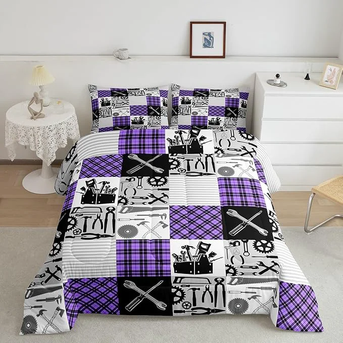 Fast Kids Girls Cars Comforter Set Wrench Repair Outfit Bedding Set Farmhouse Gingham Check Bedding Home Decor Gray Purple Comforter Twin Size 2 Pieces Quilted Duvet Set with 1 Pillowcase Optimized