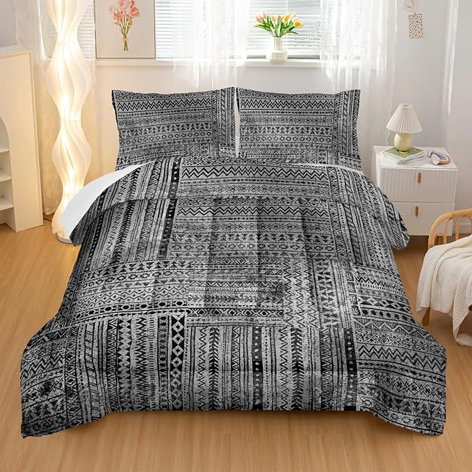High-End Grey Splicing Comforter Sets King Size Bohemian Geometric Bedding Set for Your Room Abstract Soft Lightweight Quilted Set All Season 1 Comforter and 2 Pillowcases Verified