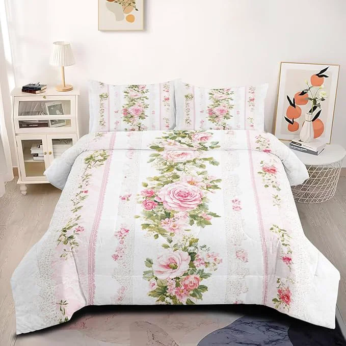Classic 3Pcs Full Size Romantic Roses Comforter Set for Women Vintage Spring Floral Plant Bedding Sets for Women Room Decor 1 Pink Rose Comforter 79 quot x 90 quot and 2 Pillowcases All Season Exceptional