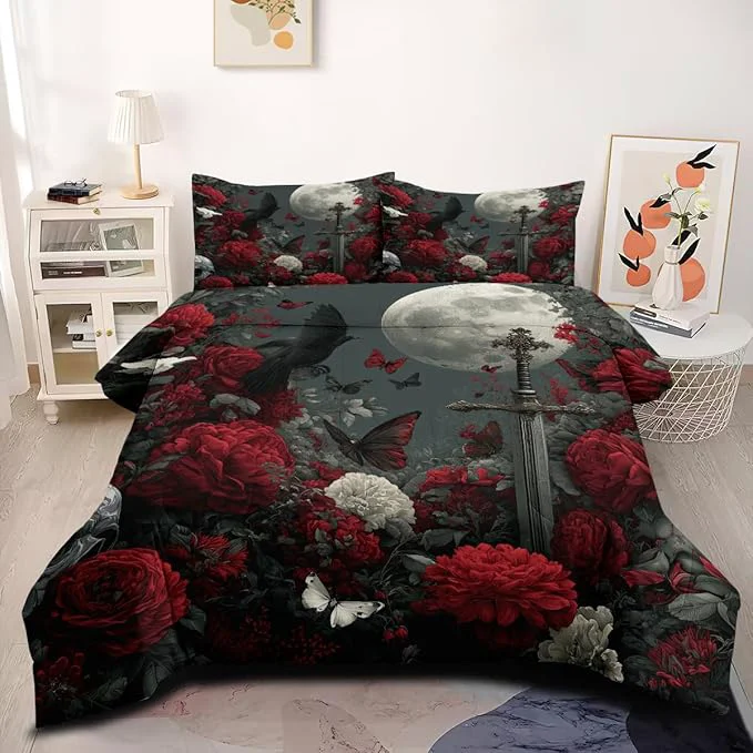 Healthy Women Victorian Red and White Rose Comforter Set 5-Piece King Size White Butterfly and Moon Bedding Sets 1 Comforter 104 quot x90 quot and 2 Pillowcases 1 Fitted Sheet 1 Flat Sheet Carefully Designed