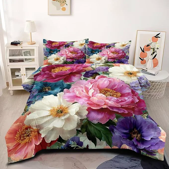 Enhanced Queen Size Victorian Botanical Floral Bedding Sets 5Pcs Colorful Peony Bed in A Bag 1 Comforter 90 quot x90 quot and 2 Pillowcases 1 Fitted Sheet 1 Flat Sheet 2 Pillow Shams Fashionable