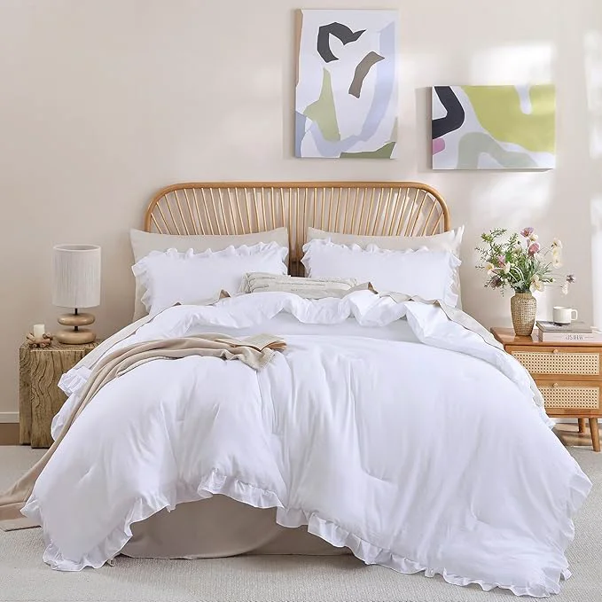 Casual JANZAA Twin Comforter Set White Comforter Ruffled Comforter Set Soft Twin Size Bed Set Vintage Farmhouse Bed Comforter Set Fluffy Shabby Chic Bedding with 1 Pillowcase Functional