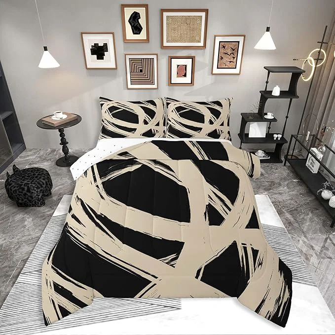 Genuine Erosebridal Beige and Black Striped King Bedding Set for Kids Teens Adults Geometric Striped Comforter Set for Minimalists Graffiti Aesthetic Lines Duvet Insert Contemporary Boho Modern Art Quilt Trendy