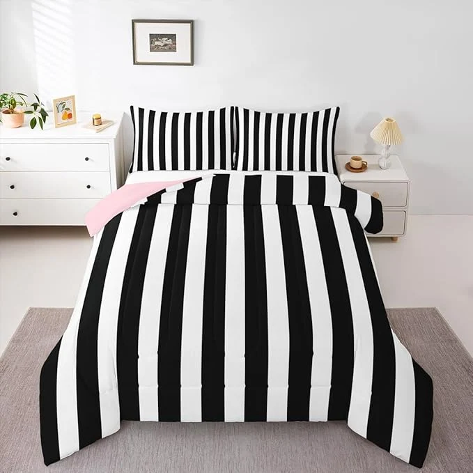 World-Class Erosebridal Black and White Striped Twin Comforter Set Pink Reversible Striped Bedding Set Pink and Black Comforter Sets for Kids Teens Adults Cute Pinstripe Girls Bed Quilt Sets First-Class