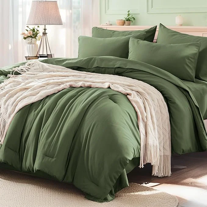 Anluoer King Size Comforter Set 7 Pieces Olive Green Bed in a Bag Bedding Set with 1 Comforter 2 Pillow Shams 2 Pillowcases 1 Flat Sheet 1 Fitted Sheet Secure