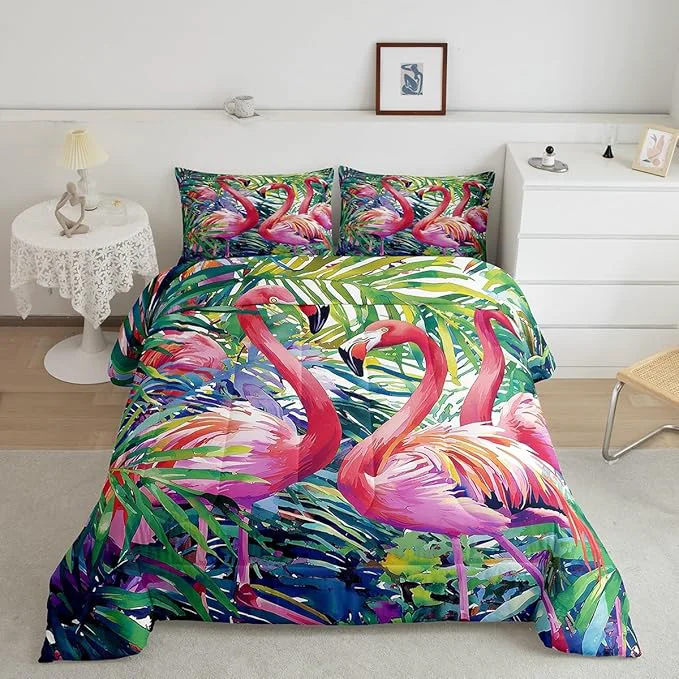 Natural Erosebridal Flamingo Comforter Set Queen Size Tropical Leaves Room Decor Down Comforter Palm Tree Pattern Quilted Duvet Colorful Comforter Set with 2 Pillow Cases Super Soft Breathable Top-Quality