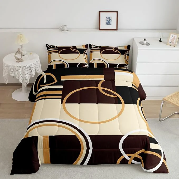 Sophisticated Erosebridal Modern Geometric Comforter Set Queen Size Brown Black Stripes Down Comforter for Kids Adult Retro Circle Swirls Bedding Set Bedroom Decor Abstract Texture Color Art Comforter Certified