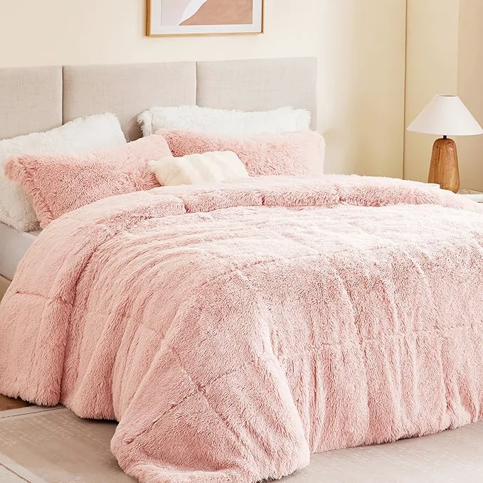 Top-Quality Intelligent Design Malea Shaggy Comforter Set Long Faux Fur Cozy Down Modern Casual Ultra Soft All Season Fluffy Bedding with Matching Sham Twin Twin XL Blush 2 Piece