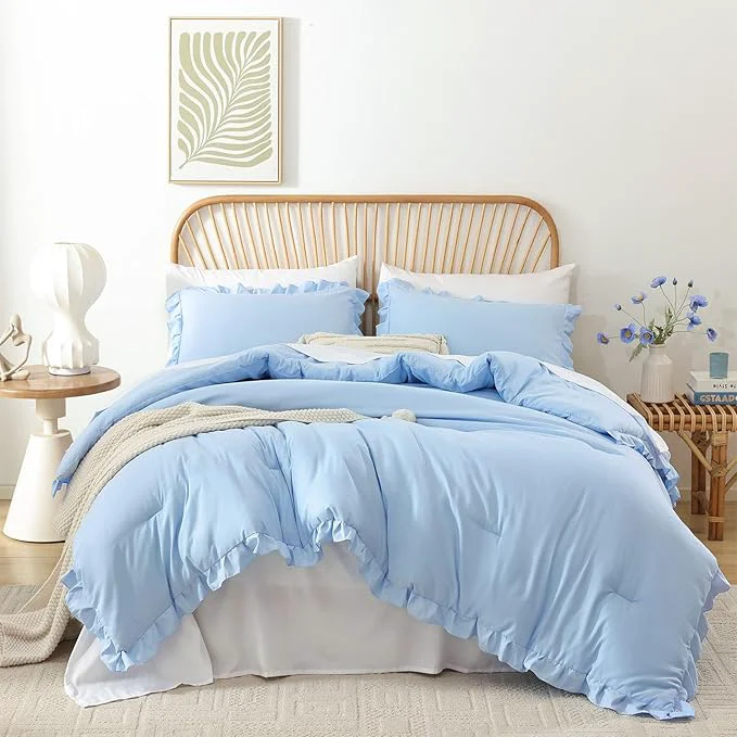 High-Quality JANZAA Ruffle Light Blue Comforter Set Queen Size Comforter 3PCS 1 Emerald Comforter and 2 Pillowcases Vintage Farmhouse Shabby Chic Bedding Soft Fluffy Comforter Set All Season Light Blue Queen Solid