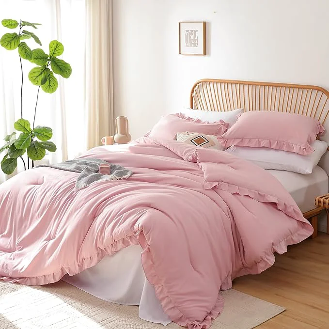 Verified JANZAA King Comforter Set Baby Pink Ruffle Comforter with 2 Pillowcase Soft King Size Bed Set Vintage Farmhouse Bed Comforter Set Fluffy Shabby Chic Bedding for All Season Detailed