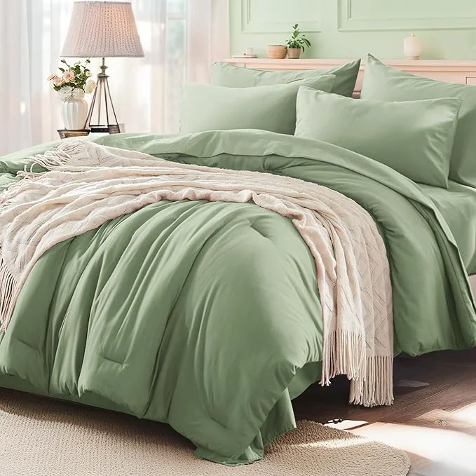 Premium Anluoer Sage Green Twin Size Comforter Set 5 Pieces Bed in a Bag with Sheets All Season Bedding Sets with 1 Comforter 1 Pillow Sham 1 Pillowcase 1 Flat Sheet 1 Fitted Sheet Crafted