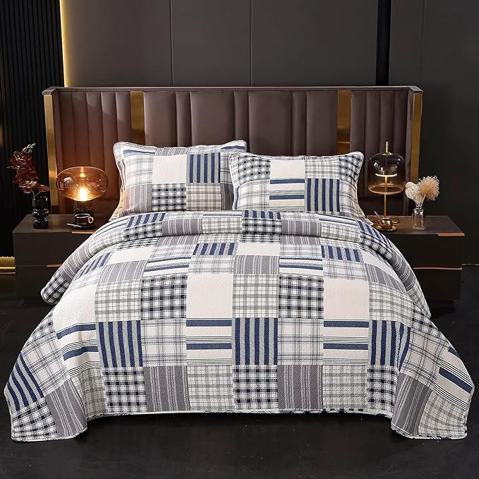 Advanced vctops Cotton Quilted Patchwork Quilt Set Queen Size Farmhouse Blue Plaid Bedspreads Coverlet 3 Pieces Summer Lightweight 1 Quilt and 2 Pillow Shams for All Season Plaid B Queen Solid