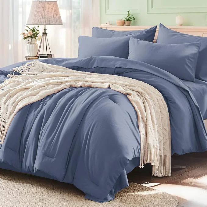Versatile Anluoer Grayish Blue California King Comforter Set 7 Pieces Bed in a Bag with Sheets All Season Bedding Sets with 1 Comforter 2 Pillow Shams 2 Pillowcases 1 Flat Sheet 1 Fitted Sheet Dependable