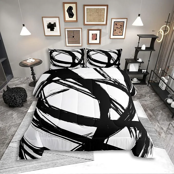 Safe Erosebridal Black and White Abstarct Queen Comforter Set for Adult Women Men Geometric Striped Bedding Set for Minimalists Graffiti Aesthetic Lines Quilt Contemporary Boho Modern Art Duvet Insert Practical