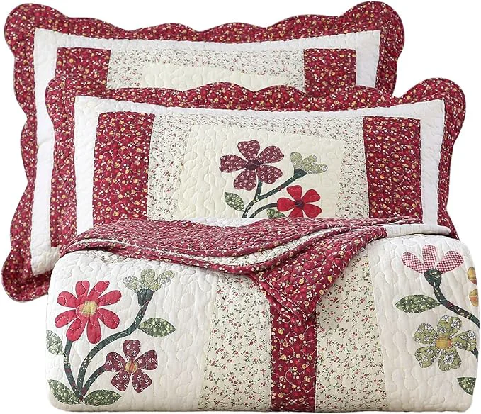 Flexible vctops Christmas Red 3 Piece Embroidered Floral Quilted Bedspread Quilt Set Cotton Reversible Patchwork Coverlet Set 1 Quilt and 2 Pillow Shams Red Queen Proven