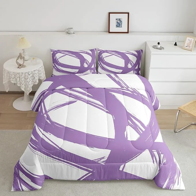 Secure Purple and White Abstarct Comforter Set Twin Size for Kids Boys Girs Graffiti Stripes Lines Bedding Set Aesthetic Geometric Duvet Insert for Minimalists Contemporary Boho Modern Art Quilt Casual