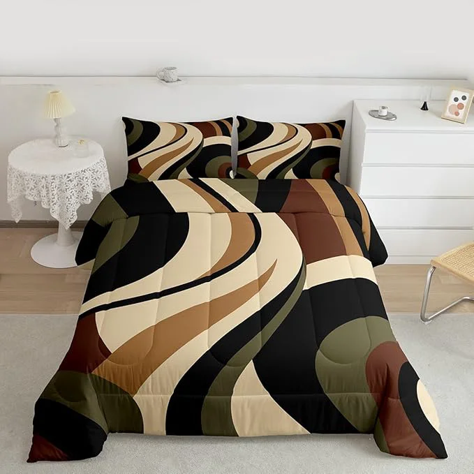 Contemporary Green Brown Spiral Bedding Full Size for Adult Women Men Modern Swirls Stripes Abstract Comforter for Minimalists Boho Aesthetic Geometric Bed Sets Graffiti Art Lines Quilt Duvet Insert Professional