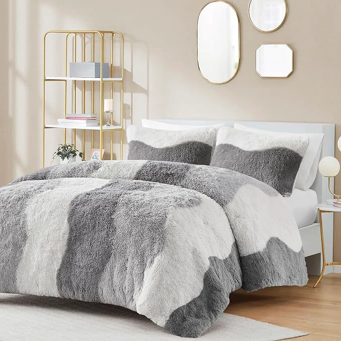 Durable Intelligent Design Shaggy Faux Fur Comforter Set Cozy amp Soft Long Fur with Ombre Color Waves Pattern Modern All Season Down Bed Set with Matching Sham Cassie Twin Twin XL Grey 2 Piece Green