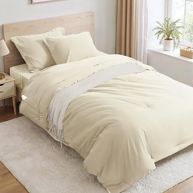 Exceptional Anluoer Cream Twin Comforter Set 5 Pieces Bed in a Bag with Sheets All Season Bedding Sets with 1 Comforter 1 Pillow Sham 1 Pillowcase 1 Flat Sheet 1 Fitted Sheet Enhanced