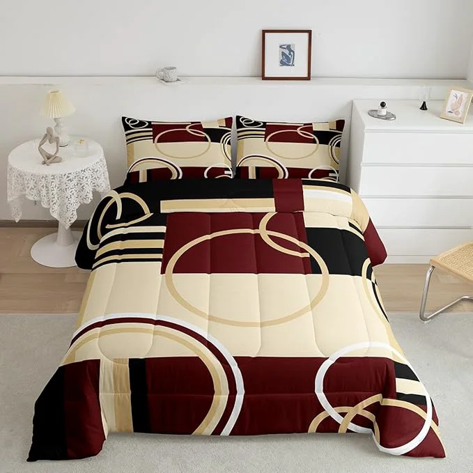 Top-Quality Erosebridal Modern Geometric Comforter Set Red Brown Black Stripes Down Comforter King Size Retro Circle Swirls Bedding Set Bedroom Decor Abstract Texture Color Art Comforter for Kids Adult Effective