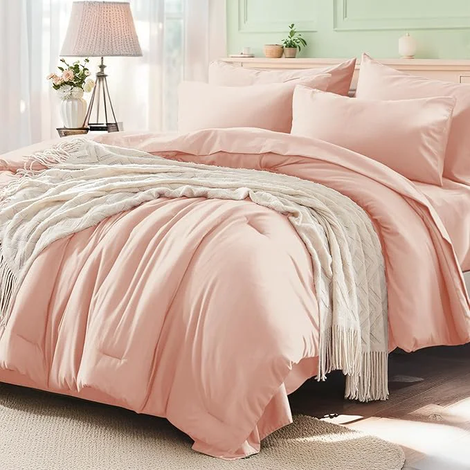 Soft Anluoer Pink King Comforter Set 7 Pieces Bed in a Bag with Sheets All Season Bedding Sets with 1 Comforter 2 Pillow Shams 2 Pillowcases 1 Flat Sheet 1 Fitted Sheet Contemporary