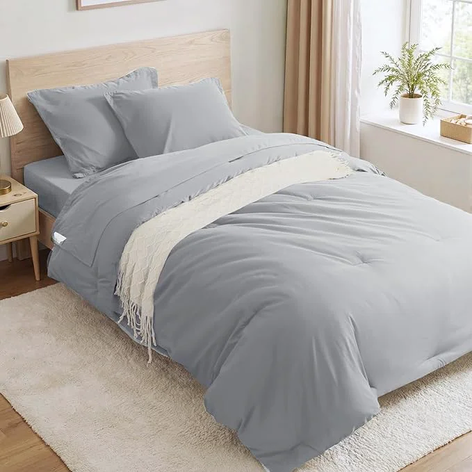 Authentic Anluoer Light Grey Twin Comforter Set 5 Pieces Bed in a Bag with Sheets All Season Bedding Sets with 1 Comforter 1 Pillow Sham 1 Pillowcase 1 Flat Sheet 1 Fitted Sheet Original