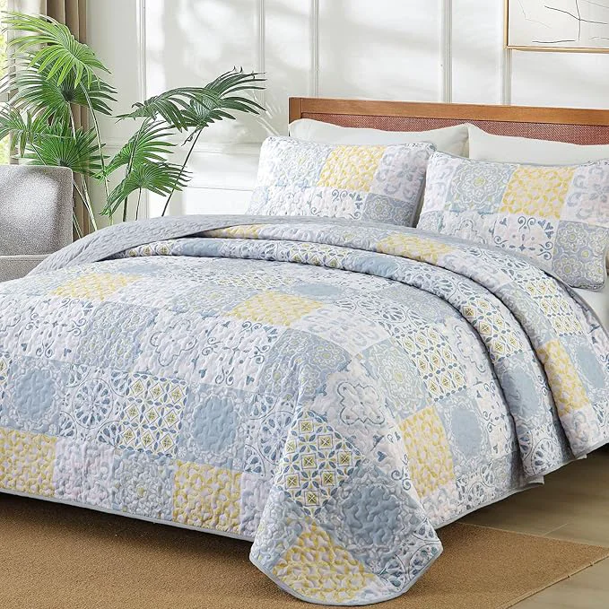 Healthy Dobuyly Full Size Quilt Set 3 Pieces Blue Yellow Grey Patchwork Bedspreads Boho Summer Coverlet Set Soft Lightweight Microfiber Bedding Set for All Seasons 78 quot x90 quot Elegant