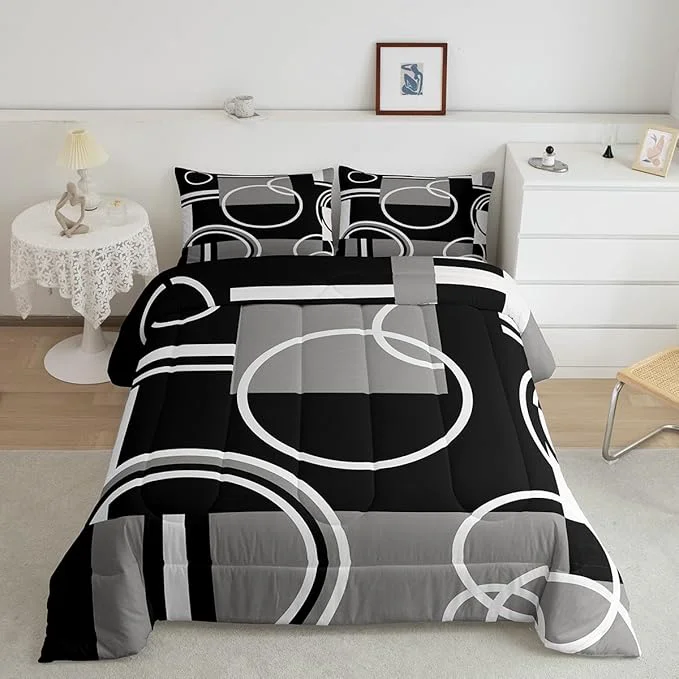 Contemporary Erosebridal Modern Grey Black Striped Comforter Set Geometric Down Comforter Queen Size Retro Circle Swirls Bedding Set Bedroom Decor Abstract Texture Color Art Comforter for Kids Adult Specialty
