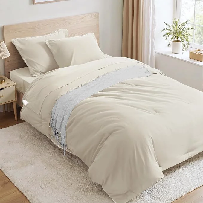 Sustainable Anluoer Beige Twin Comforter Set 5 Pieces Bed in a Bag with Sheets All Season Bedding Sets with 1 Comforter 1 Pillow Sham 1 Pillowcase 1 Flat Sheet 1 Fitted Sheet Carefully Designed