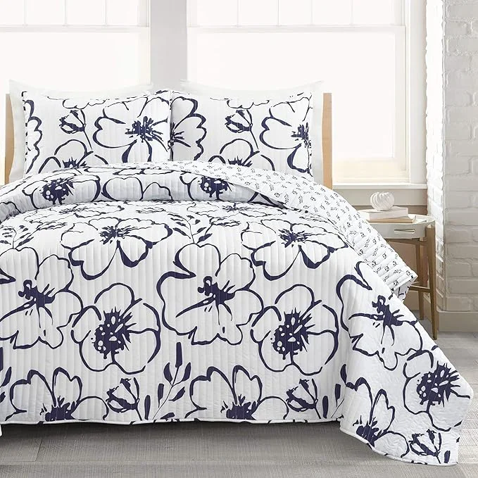 Practical Lush Decor Scandinavian Floral Quilt King Size Reversible 3 Piece Set Navy amp White - Floral Bedding Set King Quilt - White Bedding - Cottage Core Decor Clean