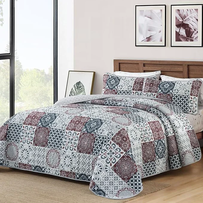 Enhanced Dobuyly Patchwork Quilt Set Queen Size Boho Plaid Bedspread Red Grey Quilt Coverlet Set 3 Pieces Soft Microfiber Lightweight Farmhouse Summer Bedding Set for All Seasons 96 quot x90 quot High-End