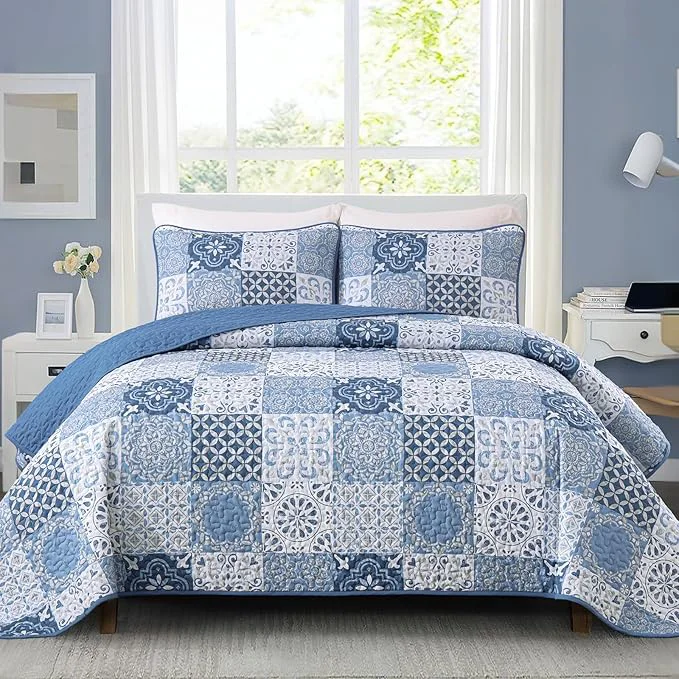 Practical Dobuyly Blue Quilt Set Queen Size Boho Mineral Blue Plaid Patchwork Bedspreads Coverlet Set 3 Pieces Soft Lightweight Microfiber Quilt Bedding Set for All Seasons 96 quot x90 quot Minimalist
