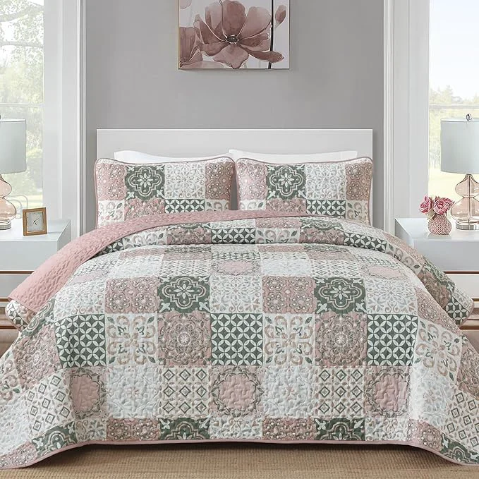 Professional Dobuyly Blush Quilt Set Queen Size Boho Patchwork Plaid Bedspread Coverlet Set 3 Pieces Soft Microfiber Farmhouse Quilt Bedding Set Lightweight Bed Cover for All Seasons 96 quot x90 quot Environmentally Friendly