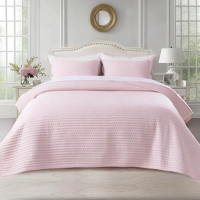 Unique KASENTEX Queen XL Quilt Set 98 quot x98 quot – Soft Washed 3-Layer Lightweight Bedspread Minimalist Nordic Design All-Season Spring amp Summer Quilt Set 1 Quilt 2 Pillow Shams Pink Carefully Designed