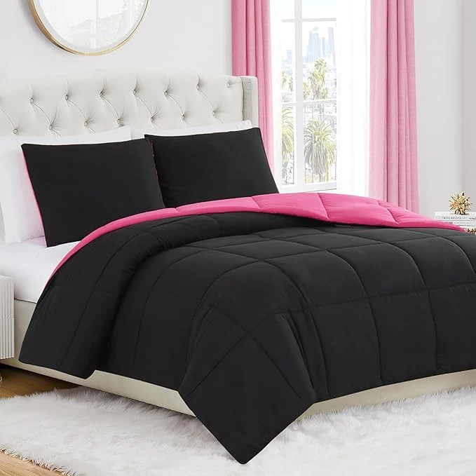 Casual Juicy Couture Reversible Box Stitch Comforter Set 3-Piece King – Hot Pink Black – Glam Bedding Set Environmentally Friendly
