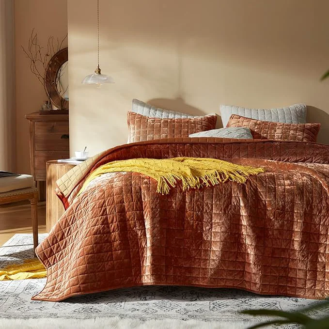 Casual LEAONME Velvet Quilt Oversized California King-120 39 39 x120 39 39 Lightweight Burnt Orange Velvet Comforter Set with 2 Pillow Shams Oversized Bedspread Coverlet Quilted Bedding Set for All Season Trusted