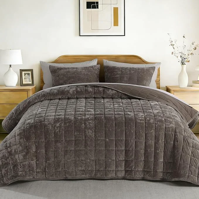 First-Class KASENTEX Greek Velvet Twin Quilt Set 3× Softer Luxe Sheen Cotton Backing 150GSM Down- Fill Expanded 68×90 quot Coverage for Fuller Side Drape 1 Quilt 1 Pillow Shams Fossil Certified