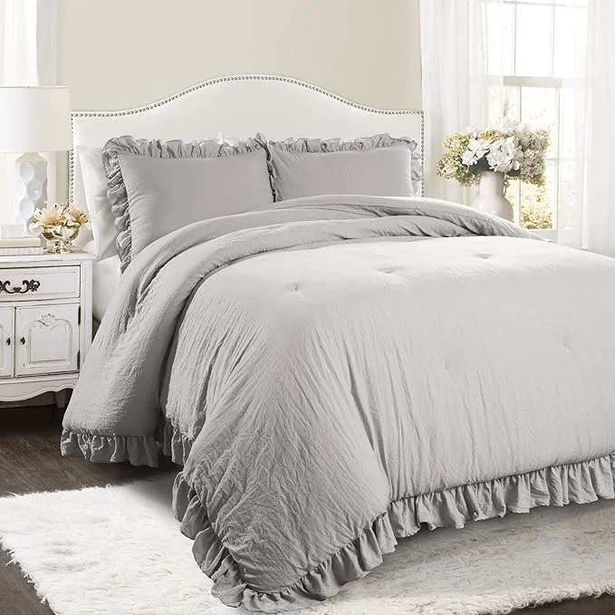 Smart Lush Decor Reyna Ruffle Comforter Set Full Queen Light Grey 3 Piece Cozy Bedding Set Recyclable