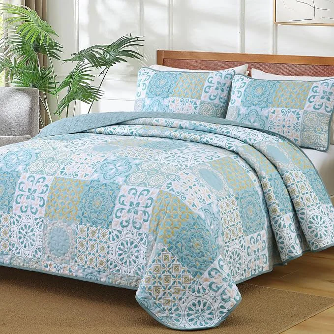 Advanced Dobuyly Patchwork Quilt Set King Size Aqua Blue Boho Summer Bedspreads Coverlet Set 3 Pieces Soft Lightweight Microfiber Quilt Bedding Set for All Seasons 110 quot x90 quot Excellent