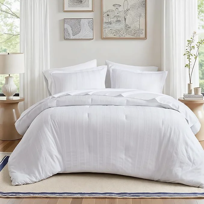 Quality Madison Park Essentials Striped Comforter Set Cal King 7 Pieces Modern Minimalist Jacquard Bedding Set for All Season Bed in A Bag with Sheet Set and Soft Brushed Reverse Lightweight White User-Friendly