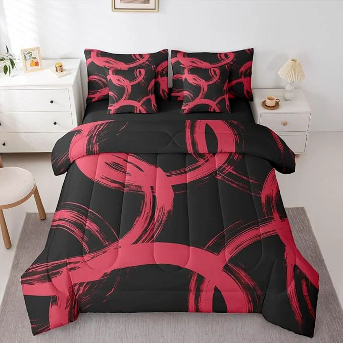 Erosebridal Black and Red 7 Piece Comforter Set Full Abstract Line Ink Painting Bedding Set for Kids Boys Girls Simple Minimalist Graffiti Art Modern Geometric Sheet Set Boho Cool Unique Mens Quilt First-Class